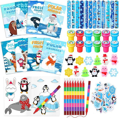 110 Pcs Winter Party Favors for Kids Polar Animals Coloring Books Crayons Slap Bracelets Mochi Stress Toys Stampers Stickers for Holiday Goodie Bags Stuffers Classroom Rewards Supplies
