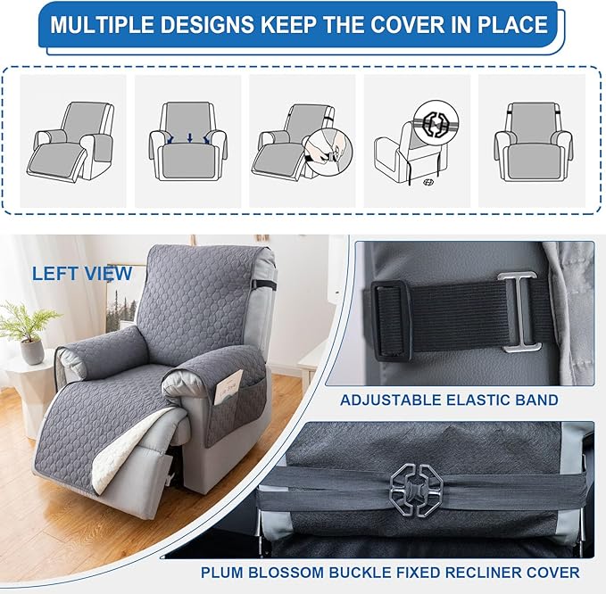 100% Waterproof Nonslip Recliner Covers for Large Recliner, Reclining Chair Covers with 5 Pockets, Elastic Straps, Washable Recliner Protector for Kids, Pets, Dogs, Light Gray