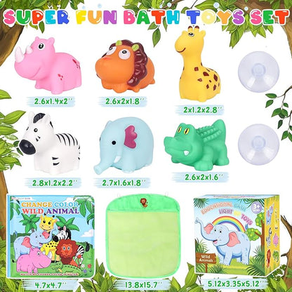Light Up Bath Toys for Toddlers Kids Baby Boys Girls, No Hole Bath Toys with Bath Book & Organizer, Glow Bath Time Toys for Bathrooms Pool, Animals Bathtub Toys Gift for Toddlers Kids Baby Infants