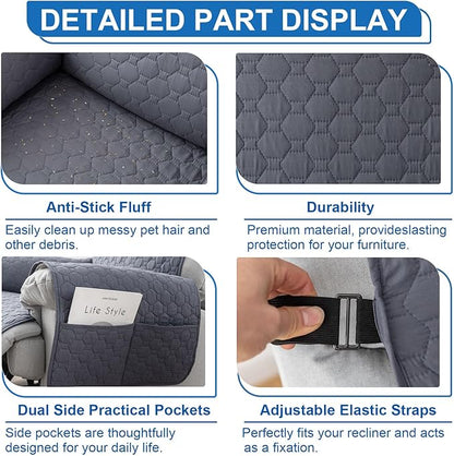 100% Waterproof Recliner Chair Covers That Stay in Place, Non-Slip Recliner Armchair Cover with 5 Pockets, Elastic Straps, Washable Reclining Chair Protector for Kids, Pets, Dogs (Grey, 25inch)