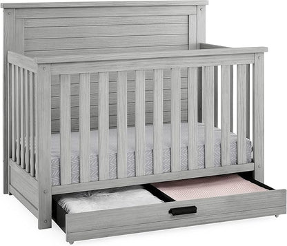 Delta Children Simmons Kids Caden 6-in-1 Convertible Crib with Trundle Drawer, Greenguard Gold Certified, Rustic Mist