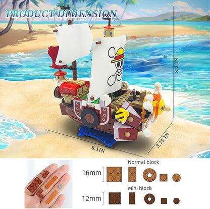 1 Piece Anime Thousand Sunny Ship Building Blocks Set with Light, Featuring 9 Action Main Figures, One Piece Merch Pirate Boat Model Building Ideal Gift for Kid, Fans(432 PCS)