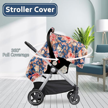 TANOFAR Car Seat Cover Baby, Carseat Covers Baby Boy Girl, Peekaboo Opening Infant Car Seat Cover for Winter, Warm & Cozy, Blue Floral