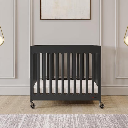 Foundations Boutique Folding Hotel Crib and Sheet Bundle - Includes Wooden Mini Crib with 3" Foam Mattress (Ebony) and 6-Pack White Fitted Compact Sheets