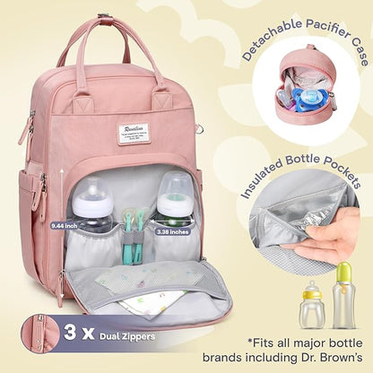 RUVALINO Diaper Bag Backpack, Multifunction Travel Back Pack for Girls, Maternity Baby Changing Bags with Changing Pad for Mom, Large Capacity, Waterproof and Stylish, Pink