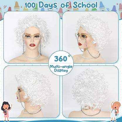 100 Days of School Costume, White Curly Wig Glasses Wig Cap Pearl Necklace Bracelet Accessories for Old Lady Costume