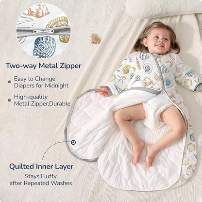 Baby Sleep Sack 12-18 Months, Cotton Detachable Long Sleeve Sleep Sack, 2.5 Tog Toddler Sleeping Sack with Temperature Strips, 2-Way Zipper Wearable Blankets for Newborns, Ocean