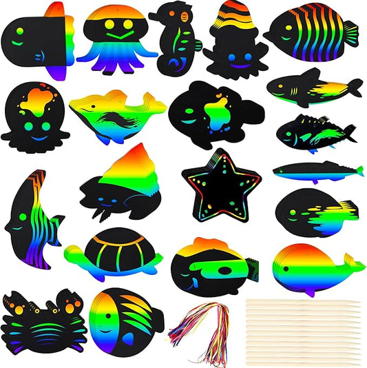 100 Pcs Ocean Animals Scratch Cards Ocean Sea Crafts DIY Blank Ocean Party Scratch Card with 50 Wooden Sticks and 50 Ribbons for Kids DIY Crafts Summer Sea theme Party Favors, 20 Styles