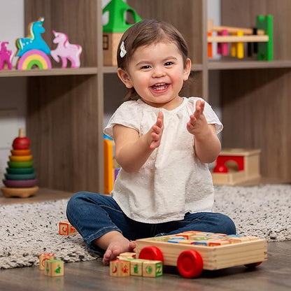 Building Blocks for Toddlers 1-3 Years Old, 30 Large Stackable Wooden Baby Blocks with Alphabet and Number Icons on Every Side, Toy Wagon Included﻿
