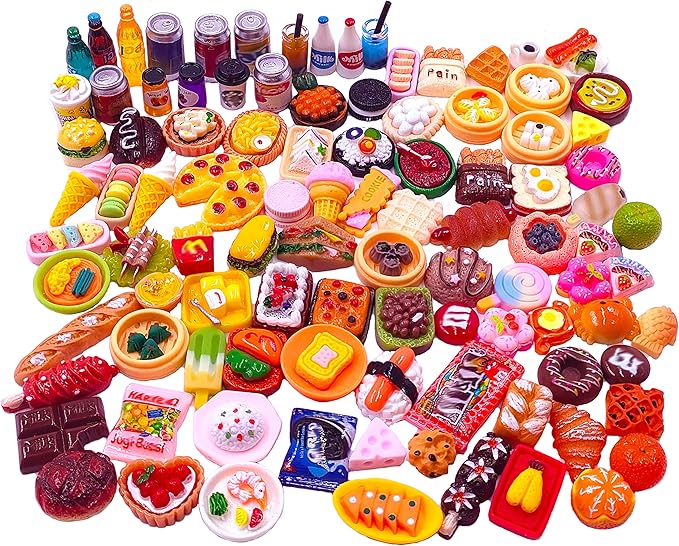 100pcs Miniature Food Drinks Bottle Toys Dollhouse Mixed Resin Accessories for Adults Kids Kitchen Accessories for Pretend Play (Hamburger, Pizza,Cake,Ice Cream,Bread)