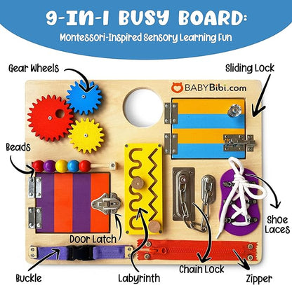 Montessori Busy Board for Toddlers - Safe, Durable Sensory Activity Board with Locks, Shoelaces & More - Perfect Educational Toy Built for Growth & Travel - 36 Months & Up - Color Edition