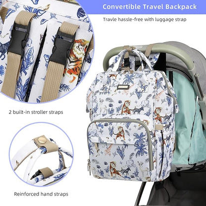 Diaper Bag Backpack, Diaper Bags for Baby Girls Boys, Baby Bags for Moms Dads, Nappy Changing Bag with Insulated Pockets,Multi-functional Waterproof Backpack with Stroller straps-Animal World White