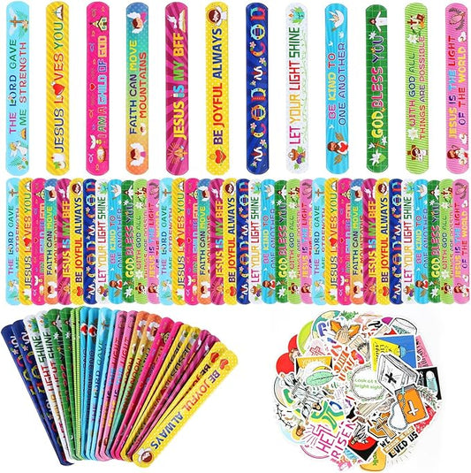 Kolewo4ever 244 Pieces Bible Verses Gifts Set:144 Pieces Bible Verses Slap Bracelets Religious Christian Wristbands 100 Pieces Bible Verses Stickers for Church Gatherings and Additional Activities