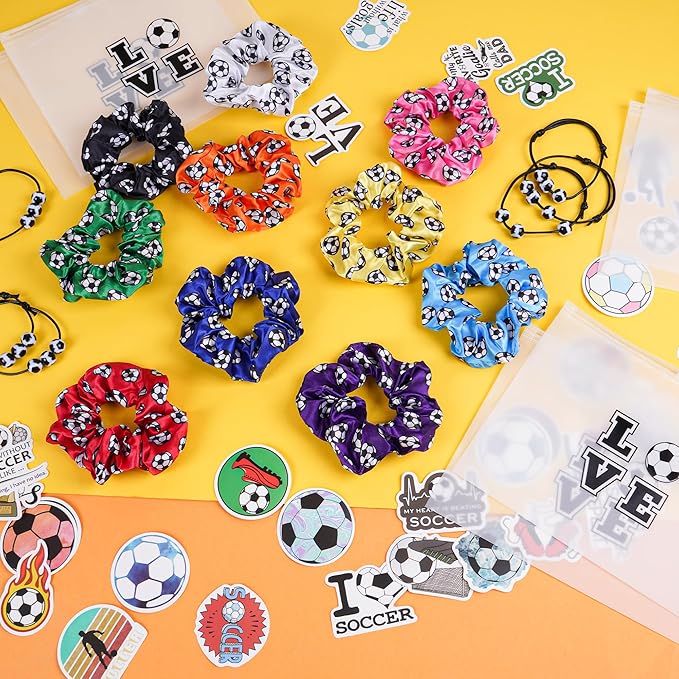 Kolewo4ever Girls' Soccer Gift Set - 160 Pieces Accessory Set Including Soccer Scrunchies, Bracelets, Makeup Bags, and Stickers - Multicolor