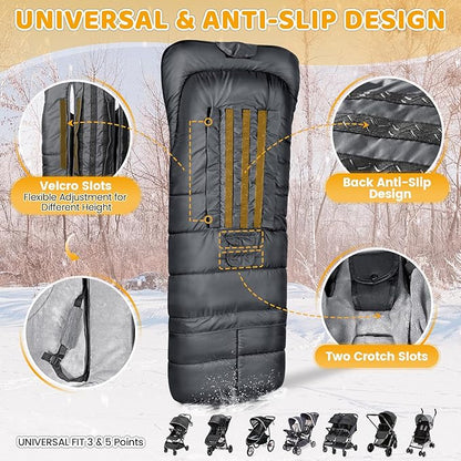 Orzbow Universal Stroller Bunting Bag with Extra Footmuff for Toddler, Kids, Warm Waterproof Stroller Blanket, Winter Cover, Baby Bunting Bag - Protect Babies from Cold Winds, Dark Grey