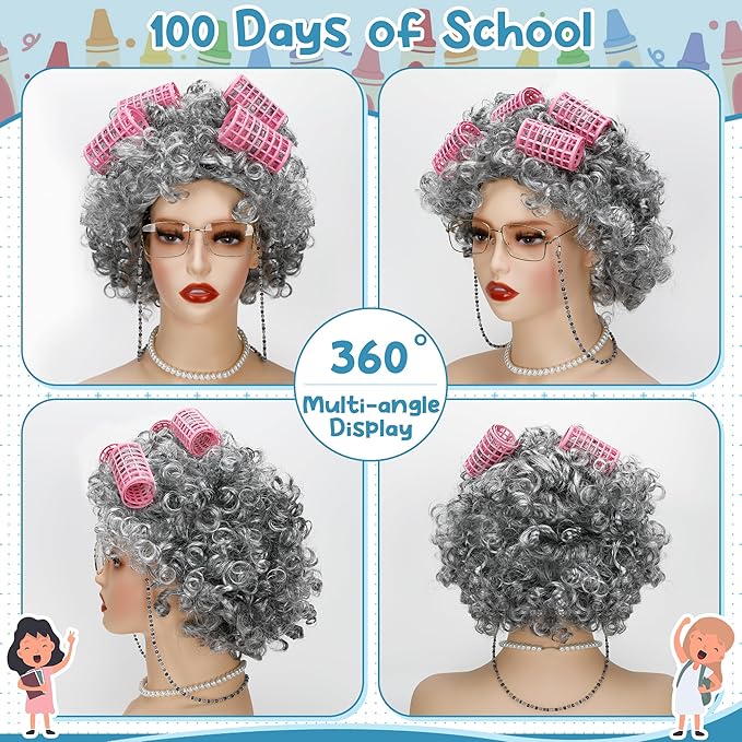 100 Days of School Costume, Old Lady Black White Curly Wig Glasses Wig Cap Necklace Bracelet Hair Rollers Cosplay Kit for Kid