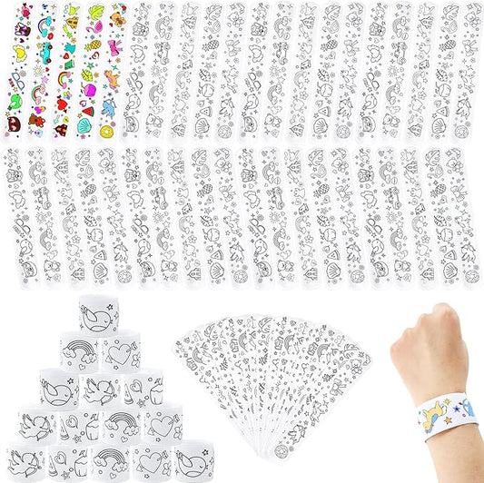 100 Pcs Coloring Cartoon Slap Bracelets Bulk White Slap Bands 8.7 x 1.2 Inch DIY Slap Bracelet for Kids Birthday Party Favors DIY Craft Classroom Craft Projects Prizes, 5 Styles