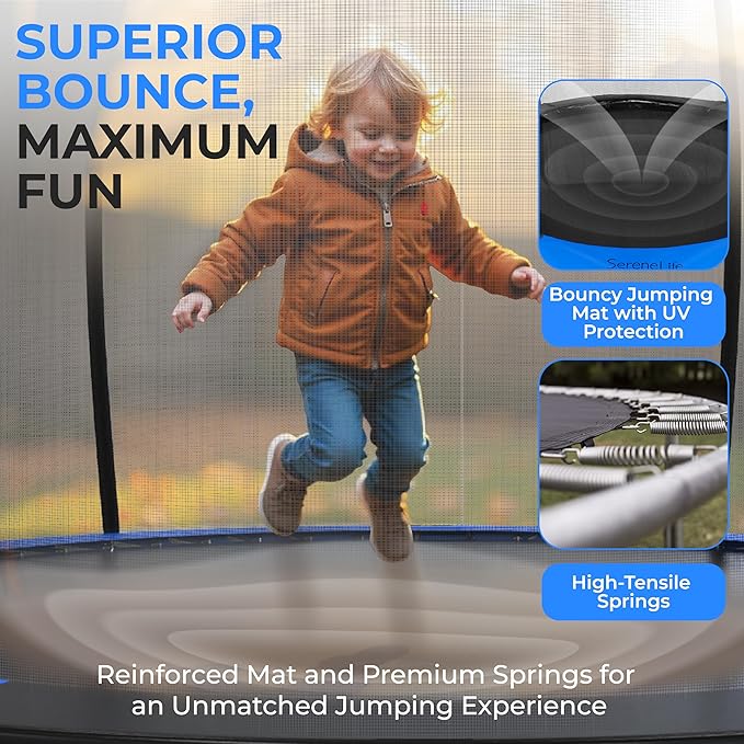 SereneLife 8FT 10FT 12FT 14FT Outdoor Trampoline for Kids - Recreational Backyard Trampoline with Curved Safety Poles and Net Enclosure- ASTM Approval for Kids Adults