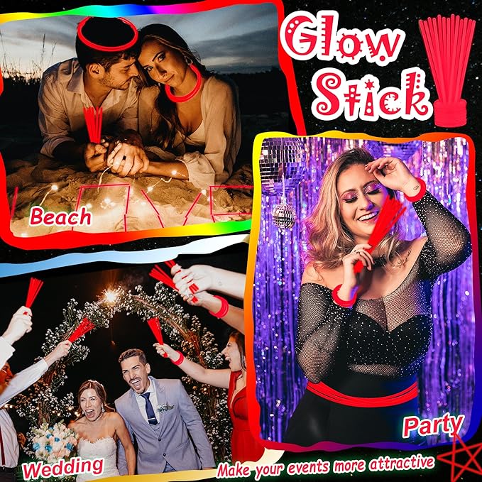 100 pk 8" Glow Sticks Bulk Party Favors, Light up Glow Necklaces & Bracelets in the Dark Party Supplies For Christmas Halloween 4th of July Birthday Neon Party (100 * Red)