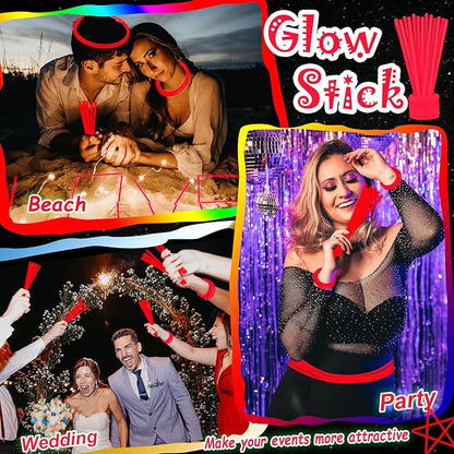 100 pk 8" Glow Sticks Bulk Party Favors, Light up Glow Necklaces & Bracelets in the Dark Party Supplies For Christmas Halloween 4th of July Birthday Neon Party (100 * Red)