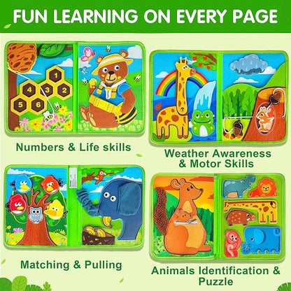Quanquer Animals Busy Book for Toddlers 1-3 – Montessori Sensory Toys Busy Board for 1 Year Old, Educational Learning Activity Book, Quiet Travel Toy for Car & Airplane, Birthday Gifts for Age 1 2 3